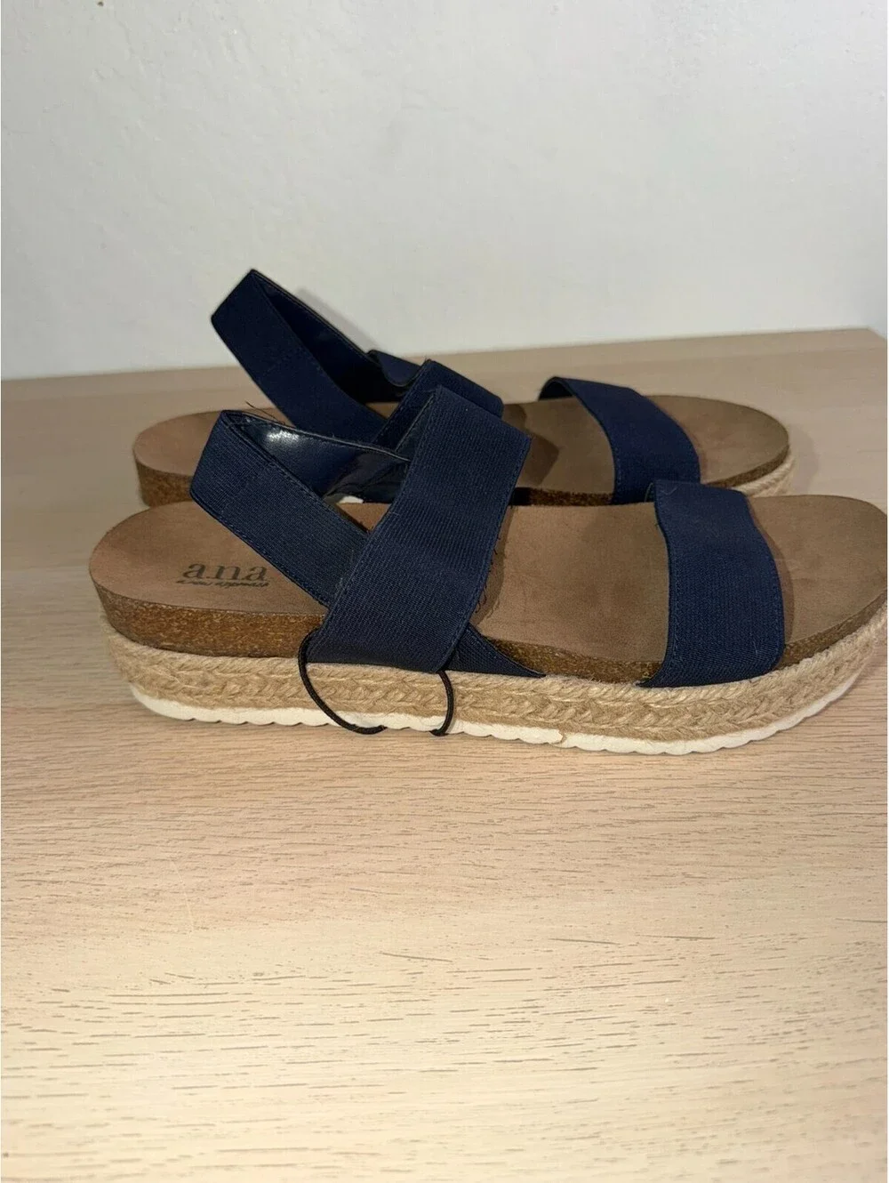 ANA A New Approach Navy Espadrille Platform Sandals Size 10 Cork Wedge Slip‑On N